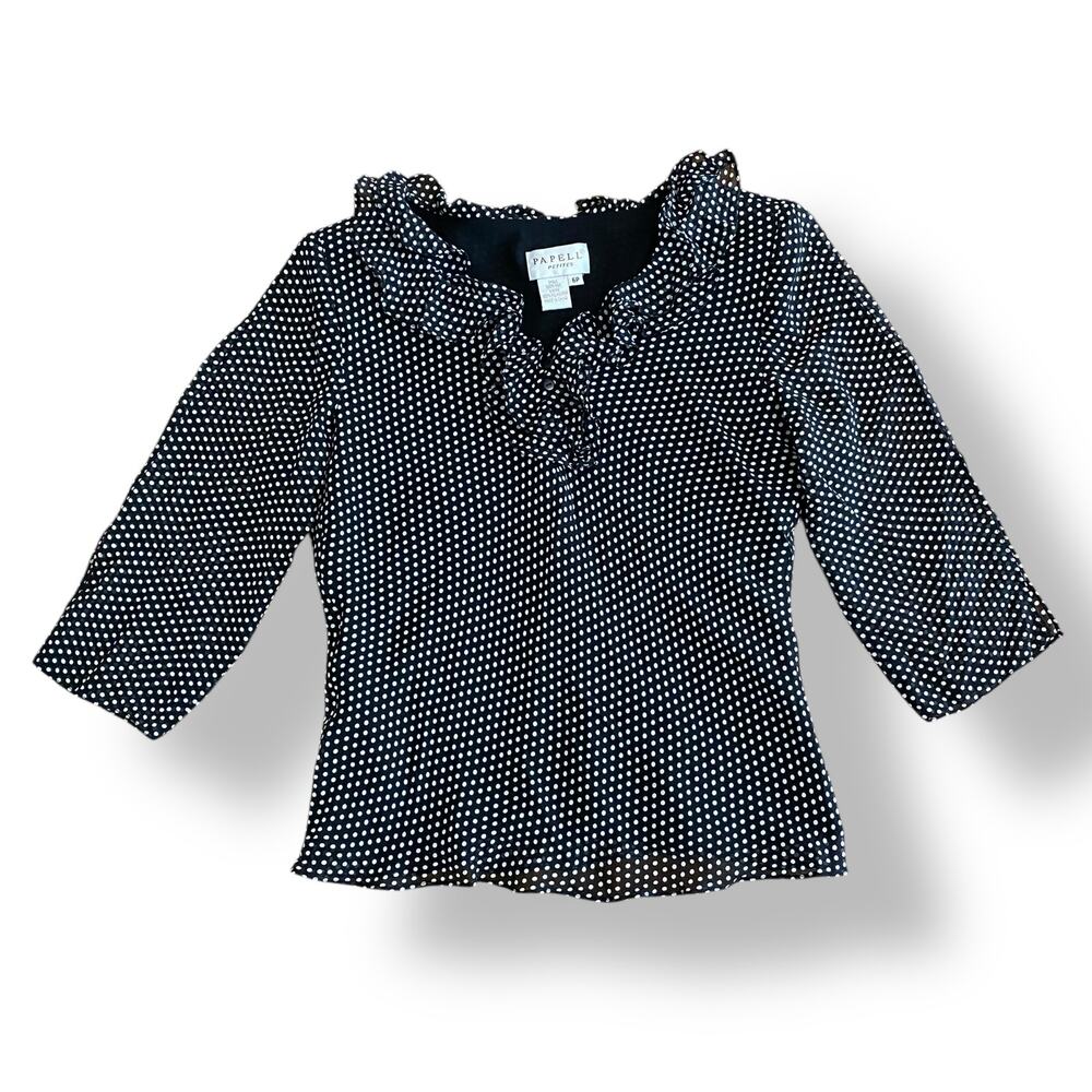 Adrianna Papell Petites Silk Polka Dot Ruffle Blouse Womens Size 6P Black White